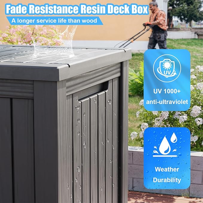 180 Gallon Deck Box,Resin Outdoor Storage Box with Lockable for Patio Furniture, Pool Accessories, Garden Tools Waterproof Outside Storage Box, Grey-CasaMuseHome