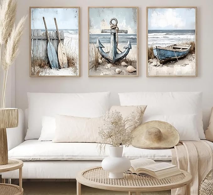 3Pcs Nautical Beach Wall Art Sailboat Paddle and Anchor Paintings Pictures Wall Decor Nautical Coastal Posters Prints Artwork for Living Room Bedroom Home Office Corridor Home Decroation Unframed-CasaMuseHome