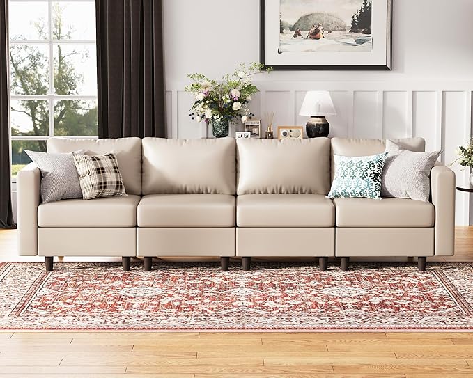 118.5" Faux Leather Modular Sectional Sofa with Storage Seat, Oversized 4 Seater Couch Deep Seat with Removable Cover Whitesand-CasaMuseHome