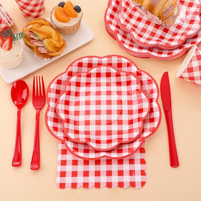 350 Pcs Red Gingham Plates and Napkins Party Supplies - Red and White Checkered Plates Sets Serve 50 Guests - Scalloped Gingham Paper Plate for Birthday Picnic Wedding Christmas Party Decorations-CasaMuseHome