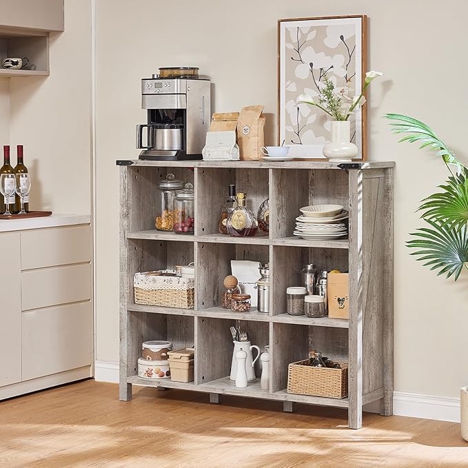 9 Cube Bookcase, Farmhouse 47 Inch Wide Grey Oak Bookshelf, Wooden 3 Tier Display Large Open Book Shelf, Vintage Horizontal Book Case for Home Office, Cubby Storage Cabinet for Living Room-CasaMuseHome