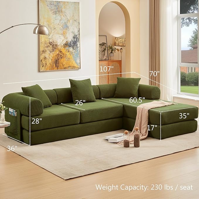 107" Oversized Convertible Sleeper Sofa Bed, Corduroy L Shape Sectional Couch, Folding Sofa Bed with Side Pocket, Modern Cloud Floor Mattress Couch, Modular Sofa for Living Room, Green-CasaMuseHome