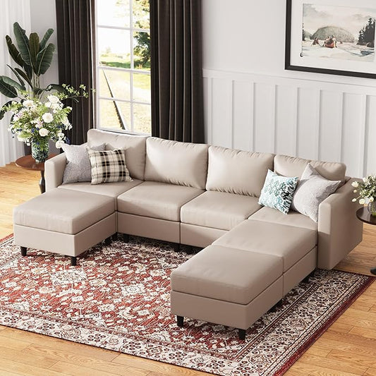 118.5" Faux Leather Modular Sectional Sofa, 7 Seater U Shaped Couch with Storage Seat with Reversible Chaise Deep Seat for Living Room Whitesand-CasaMuseHome