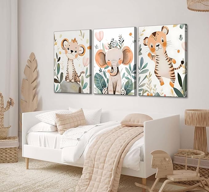 3 Pcs Safari Animals Nursery Canvas Wall Art Jungle Animals Cheetah Elephant Tiger Kids Room Illustration Pictures Wall Decor Posters Print Artwork for Classroom Boy's Girl's Room Bedroom-CasaMuseHome