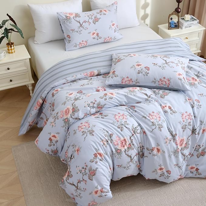 ABREEZE Floral Duvet Cover King Size Set Bird Flowers Bedding Set 100% Brushed Cotton Bedding Collection 1 Duvet Cover with 2 Pillowcases Grey-CasaMuseHome