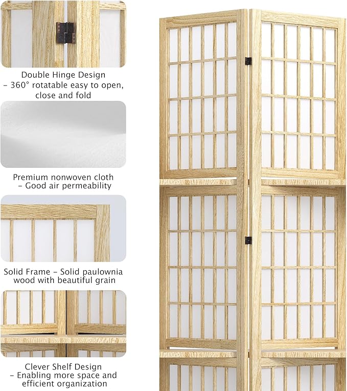5.6FT Room Divider and Folding Portable Partition Screen, Chinese Japanese Shoji Style with Three Display Shelves for Room Separation - 4 Panel (Natural)-CasaMuseHome