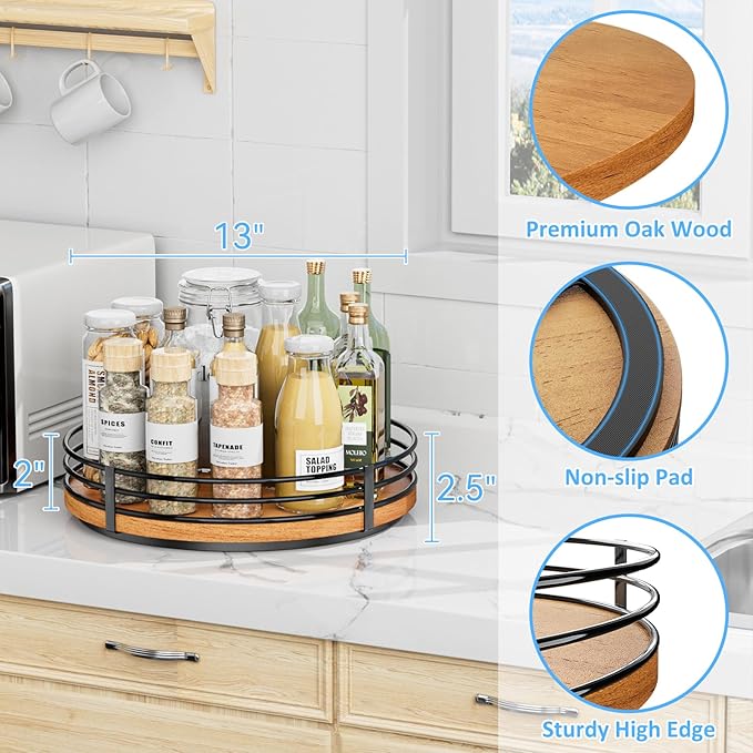 13" Lazy Susan Turntable Organizer - Wood Round Lazy Susan for Cabinet Kitchen Countertop Pantry Cupboard Dining Table Bathroom Coffee Bar Spice Storage Home Decor-CasaMuseHome