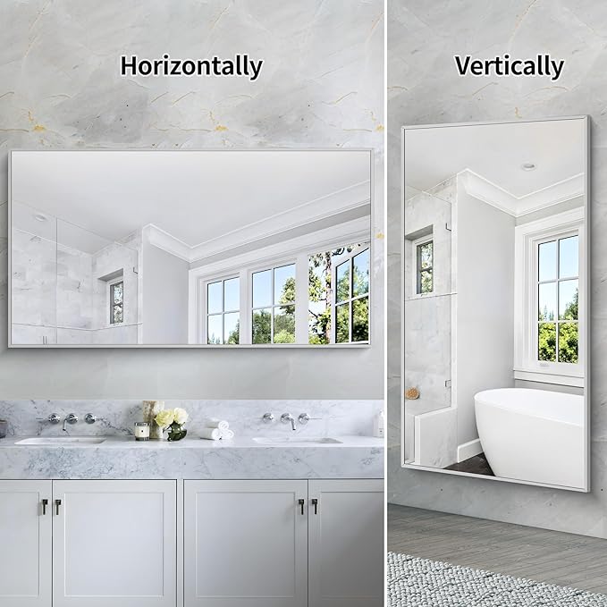 30x55In Silver Bathroom Mirror for Wall, Brushed Nickel Rectangle Mirrors with Metal Frame, Bathroom Rectangular Mirror Modern Wall Mirror for Bedroom Living Room, Hangs Horizontal or Vertical-CasaMuseHome