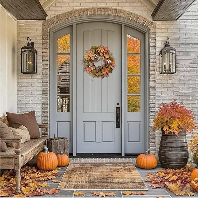 24" Fall Wreath for Front Door Handmade with Artificial Autumn Leaves, Natural Pinecones, Faux Berries and Wheat, Autumn Harvest Wreath Decoration for Home Farmhouse Door Wall Window Porch-CasaMuseHome