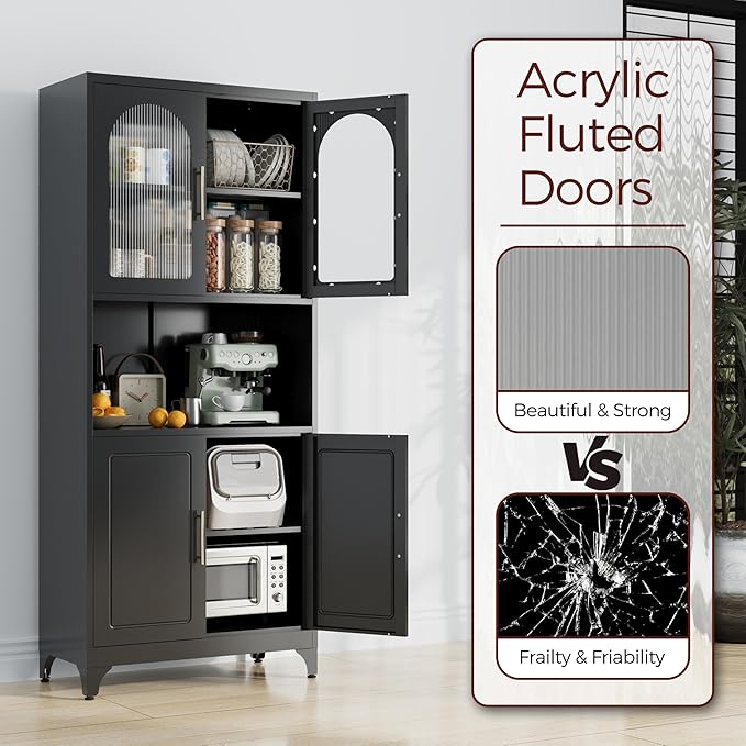 75" Tall Kitchen Pantry Cabinet, Metal Storage Cabinets with Acrylic Doors and Adjustable Shelves, Hutch Cabinet with Storage, Black Microwave Stand Cabinets for Dining Living Room-CasaMuseHome