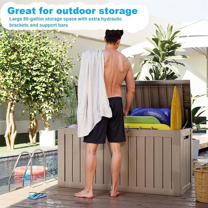80 Gallon Outdoor Deck Box,Storage Lockable Waterproof Patio Furniture,Garden Tools,Cushions,Pool Accessories Outside Storage Resin Box(Gery)-CasaMuseHome