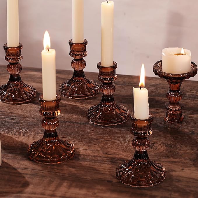 12PCS Amber Candlestick Holders Set- 4" H Taper Candle Holders, Glass Candle Holders Bulk for Wedding, Party, Fall Home Table Centerpieces, Festival Gifts & Windowsill Decor-CasaMuseHome