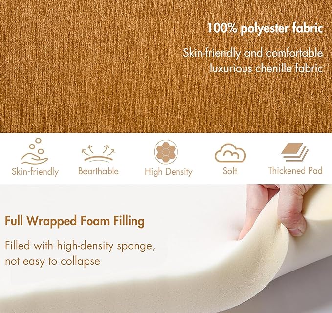 3-Piece 53" Comfy Upholstered Dining Bench with 2 Ottomans, Accent Waterfall Bench Modern End of Bed Entryway Bench Vanity Stool，Pumpkin Chenille-CasaMuseHome