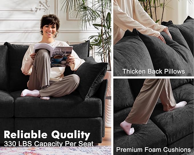 134.6" Oversized Modular Sectional Sofa, 6 Seater U Shaped Couch with Storage Ottoman with Reversible Chaise Deep Seat for Living Room, Apartment - Chenille Black-CasaMuseHome