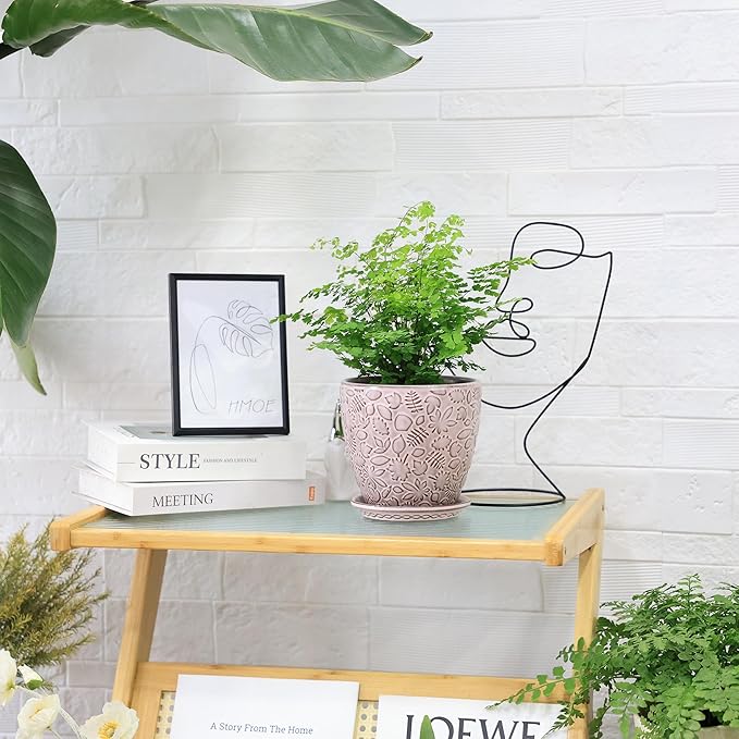 6 Inch Retro Ceramic Planter Set of 2 with Drainage Hole and Saucer for Plants, Indoor-Outdoor Garden Pots for Succulent, Orchid, and Flower (Fits Inner Pots Up to 5 Inches, Retro Peach)-CasaMuseHome