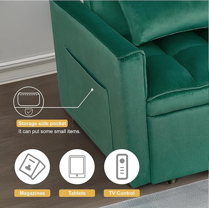 3 in 1 Sleeper Sofa Bed, Futon Sofa Bed for Living Room with Side Pocket, Green Sleepers Sofas Couch with Pullout Beds, Convertible Love Seat Sleepers Couch for Living Room, Bedroom-CasaMuseHome