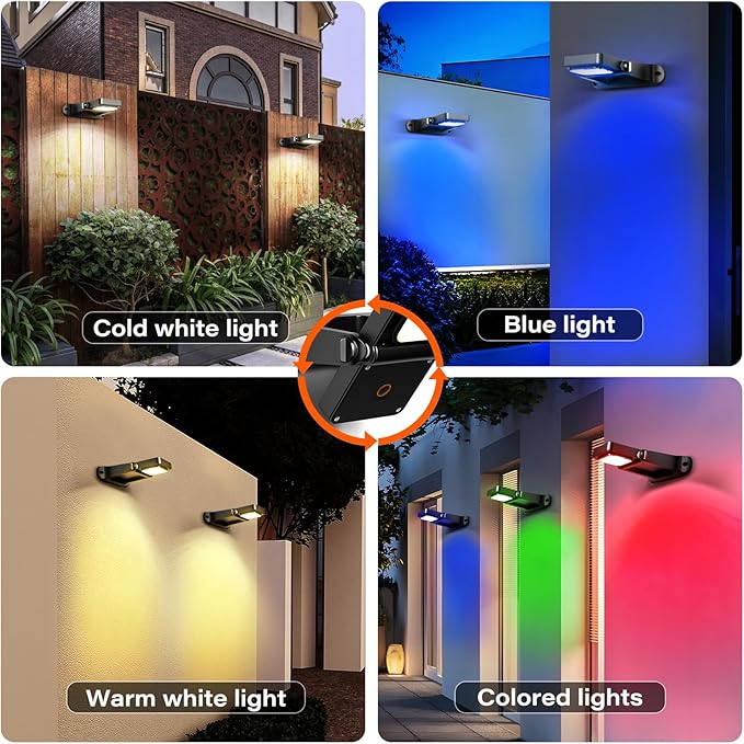 200LM Solar Wall Lights Outdoor 6 Colors, 2200mAh Long Lasting Solar Powered Deck Lights, 360° Adjustable Porch Light IP65 Waterproof, Glass Panel Fence Light for Gutter, Step, 2 Pack-CasaMuseHome