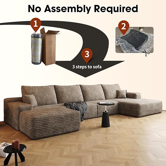 136" Sectional Couches for Living Room Modern Modular Sofa with L-Shape Couchs Upholstered Boneless Couch Deep Seat Sectional Couch with Chaise (Camel, Right Facing Chaise+3Seaters+Ottoman)-CasaMuseHome