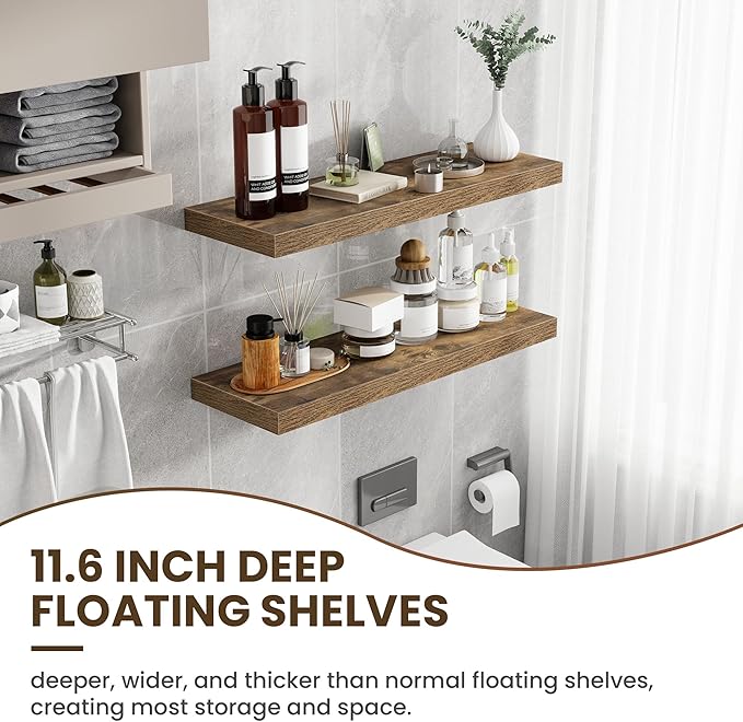 36 Inch Floating Shelves, 12 Inch Deep Floating Shelves for Wall, Floating Shelf with Invisible Brackets, Deep Shelves for Bathroom, Bedroom, Living Room, 2 Pack, Brown-CasaMuseHome