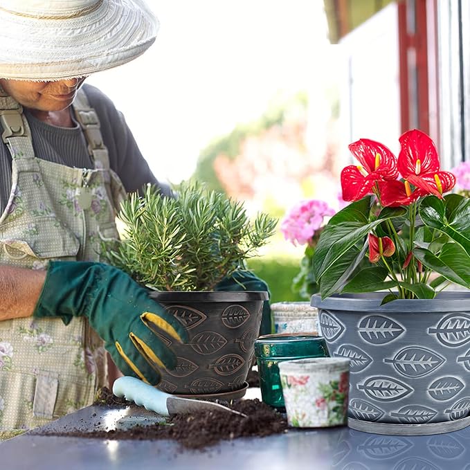 3 Pack Flower Pots Outdoor 11 Inch Plant Pots Indoor, Large-Plastic-Plant-Flower-Planters-Pots with Drainage Hole & Tray, Modern Decorative Garden Pot with Saucer(Brown)-CasaMuseHome