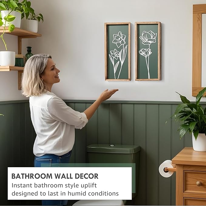3D Floral Green Wall Art (Set of 2) Lightweight, Wooden Ready-to-Hang Boho Framed Wall Art for Bathroom, Bedroom, Living Room or Office – Premium Sage Green Farmhouse Decor – Gift-Boxed-CasaMuseHome
