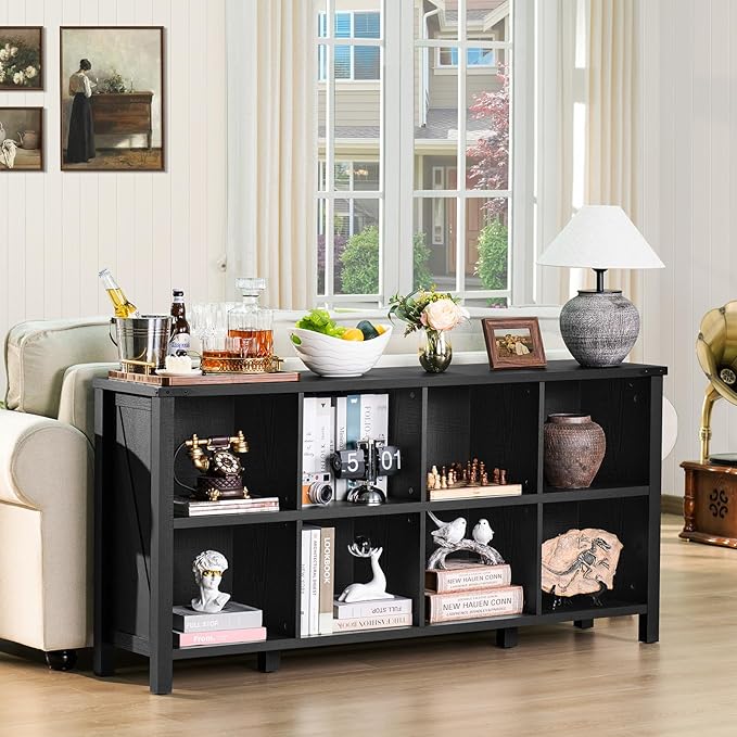 8 Cube Book Shelf, Farmhouse Wood Long Storage Organizer Bookcase, 62" Horizontal Black Console Closet Bookshelf, Hallway TV Stand for Entryway, Display Cabinet Book Case for Living Room-CasaMuseHome