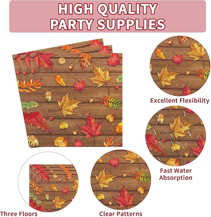 200Pcs Fall Party Decorations Watercolor Autumn Maple Leaves Paper Plates and Napkins Thanksgiving Wooden Grain Tableware Sets for Holiday Harvest Birthday Wedding Dinner Party Supplies Serves 50-CasaMuseHome