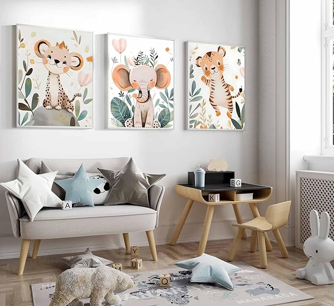 3 Pcs Safari Animals Nursery Canvas Wall Art Jungle Animals Cheetah Elephant Tiger Kids Room Illustration Pictures Wall Decor Posters Print Artwork for Classroom Boy's Girl's Room Bedroom-CasaMuseHome