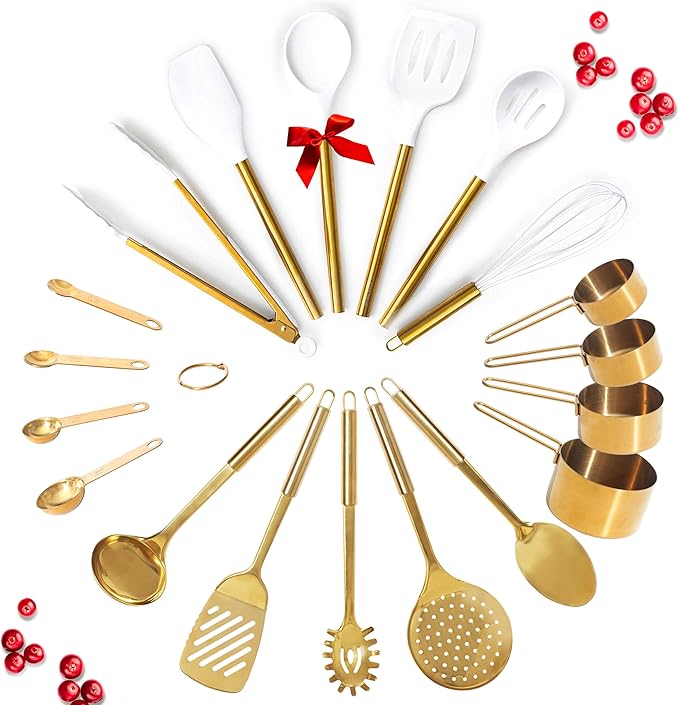 Gold Kitchen Utensils Set - 19-Piece Set Includes Stainless Steel Gold Utensils, White Silicone Tools, and Measuring Cups and Spoons - Luxury Kitchen Accessories for Modern Cooking, Serving, & Gifting-CasaMuseHome