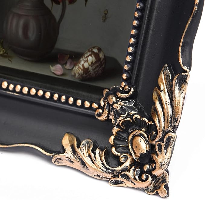 5x7 Vintage Picture Frame with Embossed Flower Design, Black Ornate Frame for 5x7 Pictures, Hand-Crafted Resin Antique Frames for Tabletop & Wall Hanging, Home Decor (Black)-CasaMuseHome