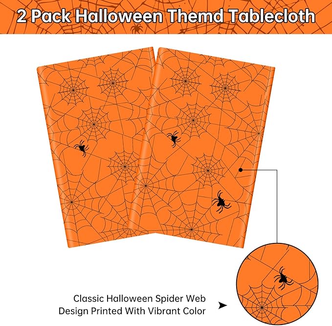 2 Pcs Halloween Tablecloth - Plastic Halloweens Spider Webs Table Cloth, Orange Disposable Rectangle Spiderweb Table Cover for Halloween Party Decorations Supplies Favors Tables Decor, 108 x 54 Inch-CasaMuseHome