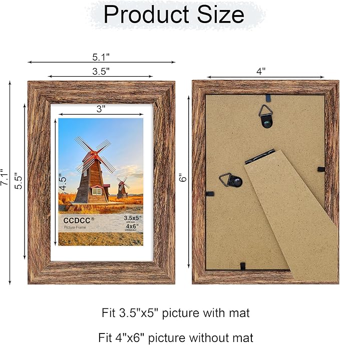 4x6 Picture Frame Set of 4, 4 x 6 Wood Photo Frames with Mat for 3.5x5, Natural Wooden Frame with Real Glass Cover for Wall and Tabletop Display,Rustic Brown-CasaMuseHome