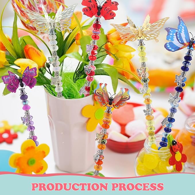 380pcs Beaded Garden Stake, DIY Butterfly Fairy Wand Garden Stake Kit with 10IN Threaded Rod Crystal Stopper Top Large Holes Beads Butterfly Decoration Pendants Outdoor Fairy Garden kit-CasaMuseHome
