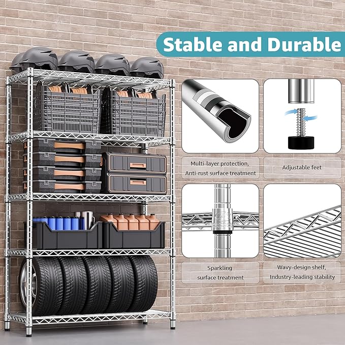 1750 LBS Storage Shelves 5-Tier Utility Shelving Unit Steel Organizer Wire Rack for Home,Kitchen,Office,Garage, Capacity 17.7" D x 47.2" W x 72.3" H-CasaMuseHome