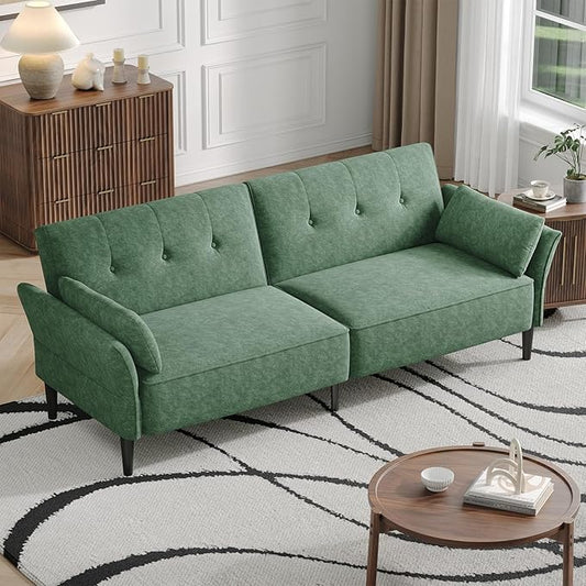 89” Futon Sofa Bed, Comfy Futon Couch Bed with 2 Square Pillows, Convertible Sleeper Sofa with Adjustable Backrest& Armrests, Modern Loveseat Sleeper for Living Room, Bedroom,Light Green-CasaMuseHome