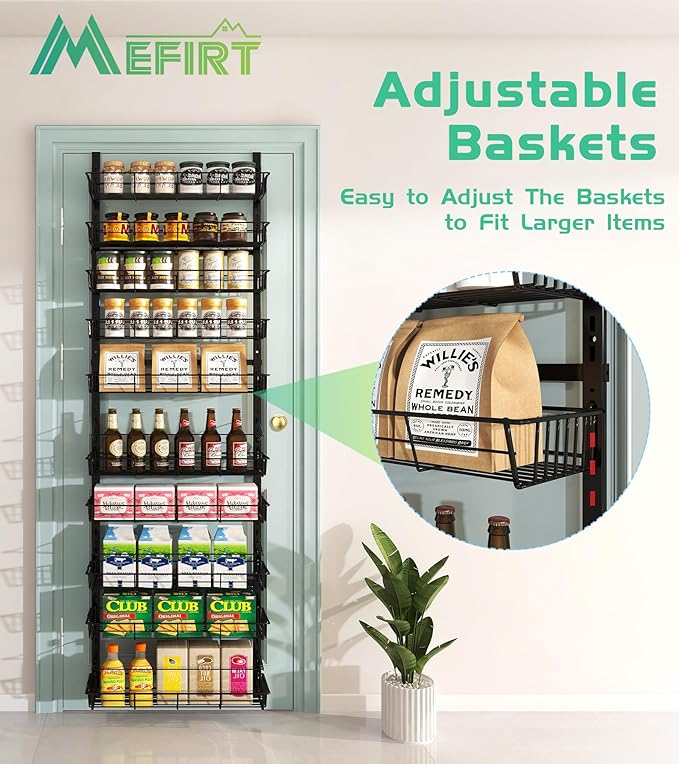 10-Tier Over The Door Pantry Organizer, Pantry Organization and Storage, Black Metal Hanging Adjustable Basket, Wall Spice Rack Seasoning Shelves, Home & Kitchen Essentials-CasaMuseHome