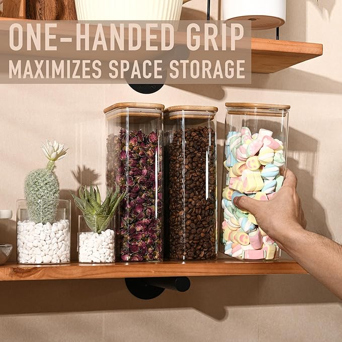 64oz Rectangle Airtight Glass Storage Containers with Bamboo Lids (Set of 4), Square Food Storage Jar, Pantry Organizers for Cereal, Flour, Pasta and Coffee beans (‎with Black Lable)-CasaMuseHome