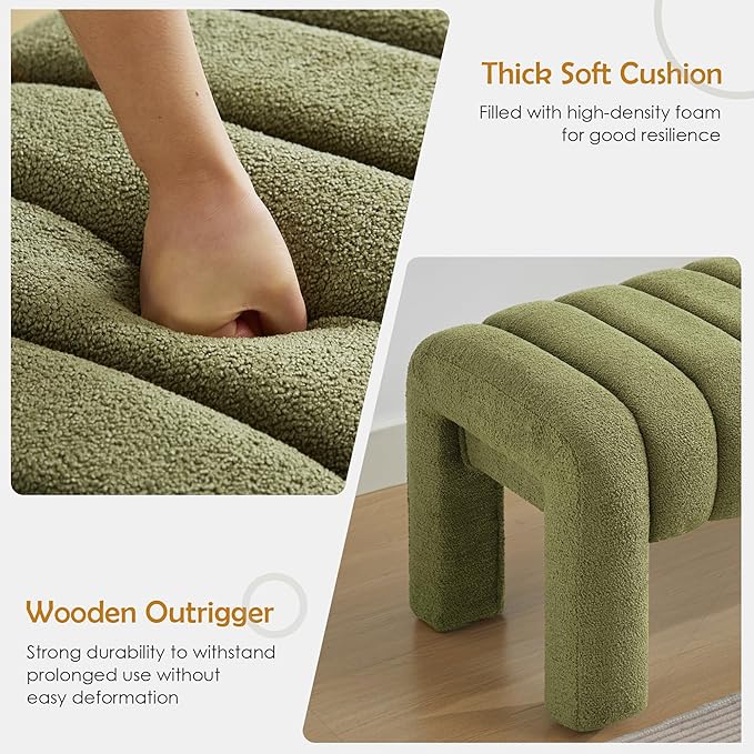 63" Bedroom Bench, Upholstered Entryway Bench, Modern End of Bed Ottoman with Solid Wood Legs and Adjustable Foot Pegs for Entryway, Dining Room and Living Room, 440lbs (Green Boucle)-CasaMuseHome
