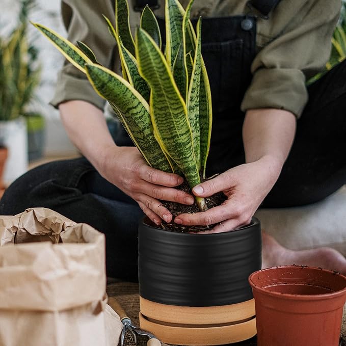 6 Inch Plant Pots, Ceramic Planter Pot with Drainage Hole & Saucer, Indoor/Outdoor Cylinder Round Planter Pot, Matte Black & Brown-CasaMuseHome