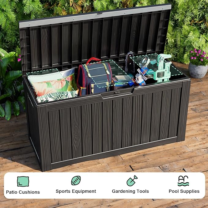 87 Gallon Deck Box Large Outdoor Storage for Patio Furniture,Outdoor Cushions,Garden Tools and Pool Supplies,Waterproof,Resin,Lockable(Black)-CasaMuseHome