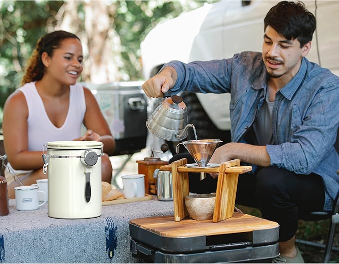 35OZ Coffee Canister for ground coffee with Date Tracker,beige 304 Stainless Steel Kitchen Food Airtight storage container for Coffee Beans or Grounds, Tea, Sugar-CasaMuseHome