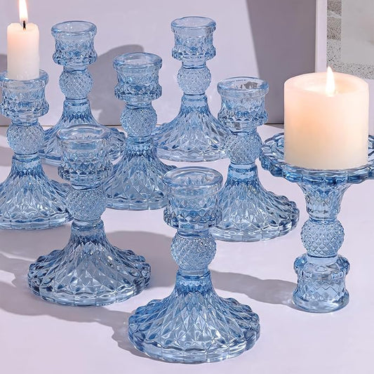 12Pcs 4" H Aqua Blue Candlestick Holders Set- Taper Candle Holders Bulk, Glass Candle Holders for Wedding, Party, Romantic Dinner Table Centerpieces, Festival Gifts & Windowsill Decor-CasaMuseHome