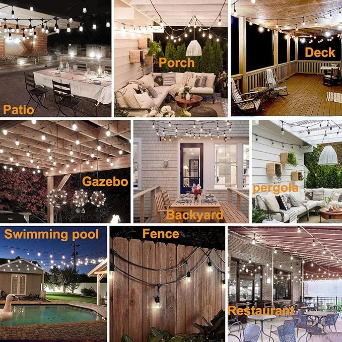 48FT Outdoor String Lights LED Heavy-Duty Waterproof Patio Lights with 16 Shatterproof Plastic 2200K Warm White Bulbs for Patio Gazebo Pergola Cafe Market Bistro-CasaMuseHome