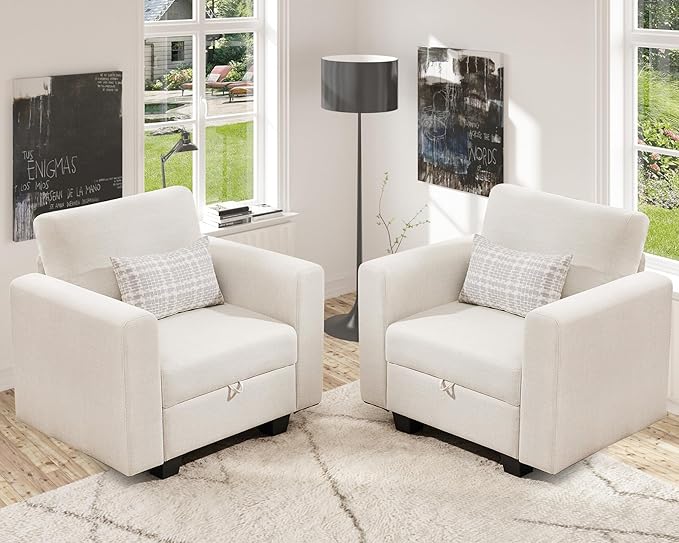 38.5 Oversized Accent Chair with Storage Beige Set of 2, Single Modern Accent Sofa Chair with Arms for Apartment Living Room Linen(21" Deep Seat)-CasaMuseHome