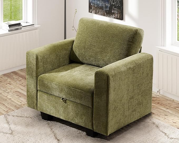 38.5 Oversized Accent Chair with Storage Green Corduroy, Single Modern Accent Sofa Chair with Arms for Apartment Living Room (21" Deep Seat)-CasaMuseHome