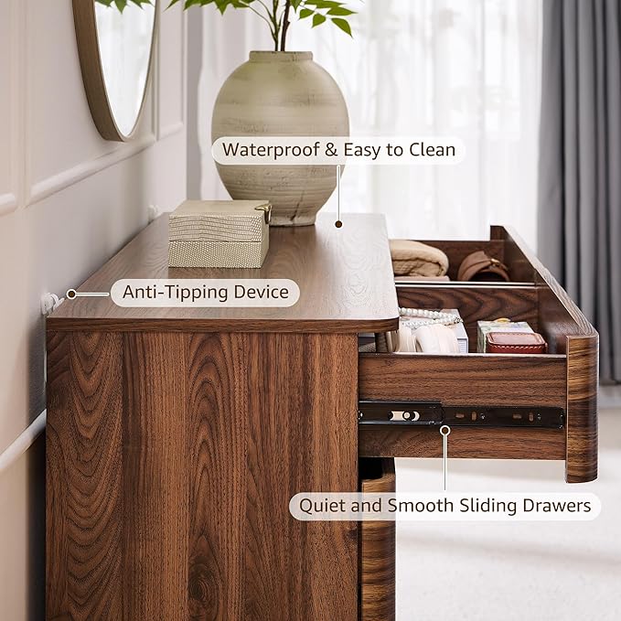 8 Drawer Dresser for Bedroom, 52 Inch Wide Modern Chest of Drawers, Push-to-Open Wood Storgae Organizer with Large Drawers for Bedroom, Living Room, Hallway,Brown-CasaMuseHome