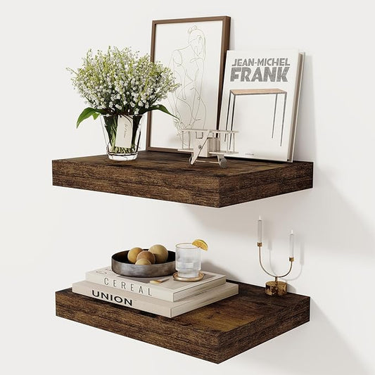 12 Inch Deep Floating Shelves, 16 x 12 Floating Shelf for Books, Rustic Wood Deep Wall Shelves for Home Storage & Display, 2" Thicked Shelves for Kitchen, Living Room, Bedroom, Rustic Brown, 2 Pack-CasaMuseHome