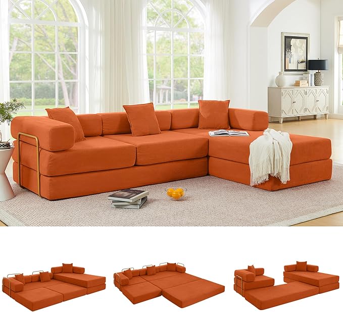 108" Oversized Convertible Sleeper Sofa Bed, Corduroy L Shape Sectional Couch, Folding Sofa Bed with Side Pocket, Modern Cloud Floor Mattress Couch, Modular Sofa for Living Room, Orange-CasaMuseHome