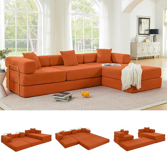 108" Oversized Convertible Sleeper Sofa Bed, Corduroy L Shape Sectional Couch, Folding Sofa Bed with Side Pocket, Modern Cloud Floor Mattress Couch, Modular Sofa for Living Room, Orange-CasaMuseHome