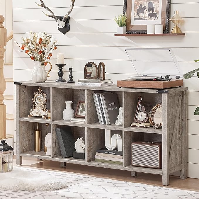 8 Cube Book Shelf, Farmhouse Wood Long Storage Organizer Bookcase, 62" Horizontal Grey Oak Console Closet Bookshelf, Hallway TV Stand for Entryway, Display Cabinet Book Case for Living Room-CasaMuseHome